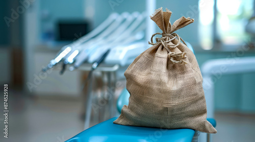 Burlap Sack on Dentist Chair in Modern Dental Clinic