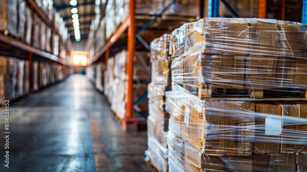 Large Warehouse Storage with Stacked Pallets Wrapped in Plastic Film Large Warehouse Storage with Stacked Pallets Wrapped in Plastic Film