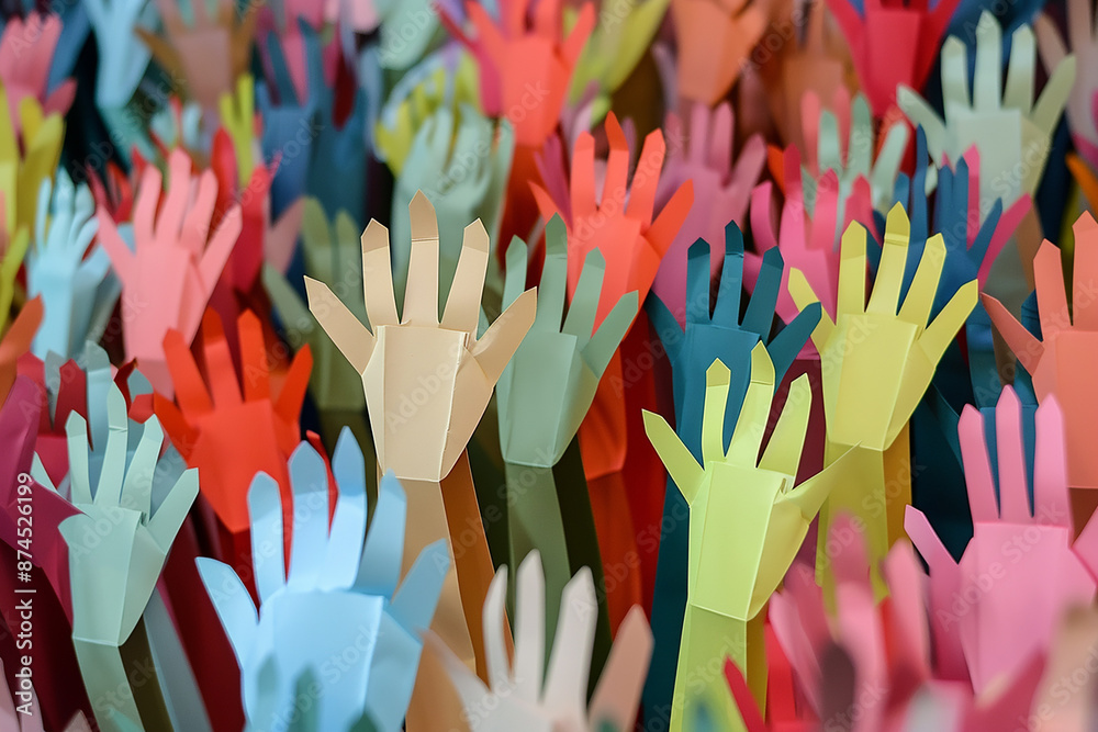 A vibrant array of colorful paper hands reaching upwards, representing ...