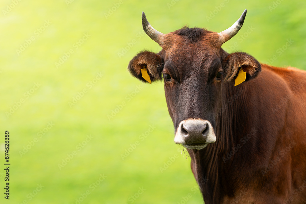 Portrait of a dark brown cow on a background of green grass that looks at the camera Portrait of a dark brown cow on a background of green grass that looks at the camera