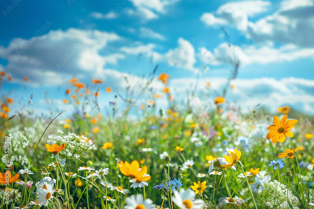 A vibrant wildflower meadow under a bright blue sky, full of various colorful flowers and grasses, embodying the essence of spring and natural beauty. A vibrant wildflower meadow under a bright blue sky, full of various colorful flowers and grasses, embodying the essence of spring and natural beauty.