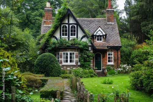 Cottage surrounded by greenery and vibrant gardens