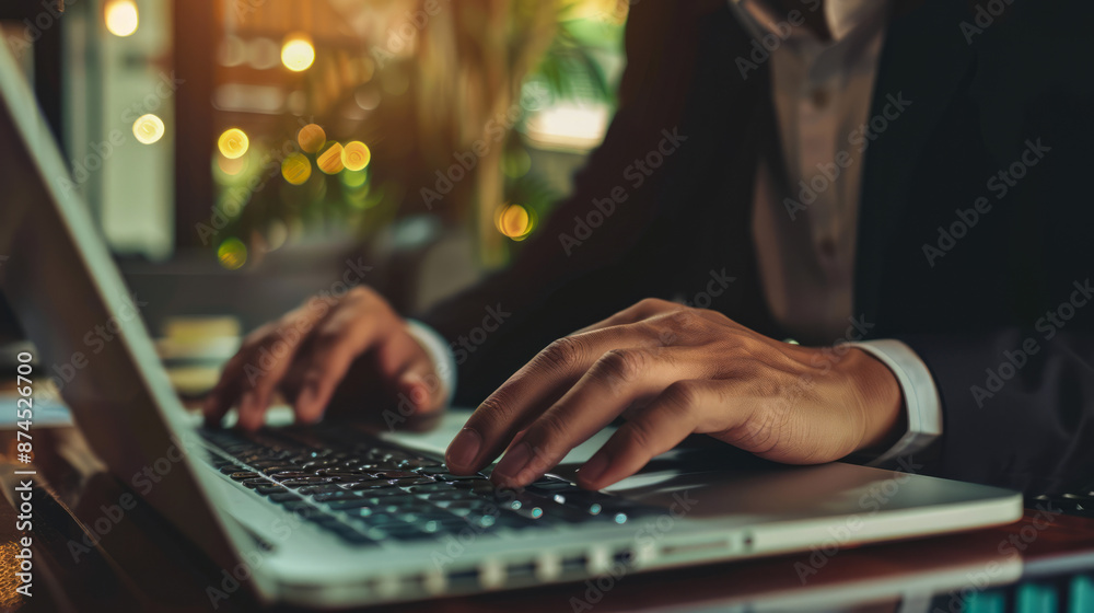 Business professional typing on laptop in modern office with blurred bokeh background, close-up of hands on keyboard, productivity and focus concept Business professional typing on laptop in modern office with blurred bokeh background, close-up of hands on keyboard, productivity and focus concept