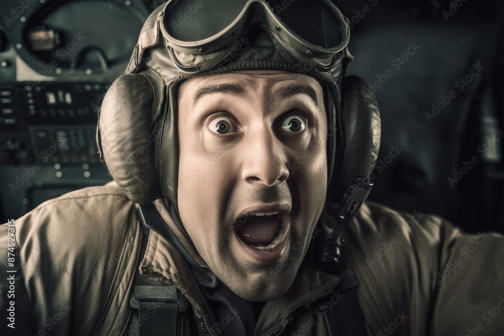 Obraz premium Baffled Shocked aviation pilot. Wow fear. Generate Ai