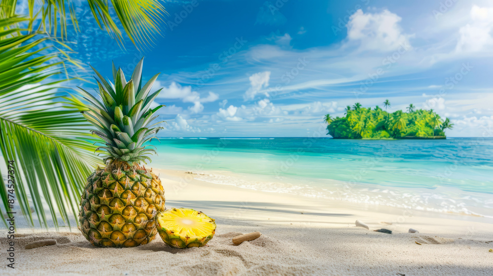 Tropical beach with fresh pineapple and island in the background Tropical beach with fresh pineapple and island in the background