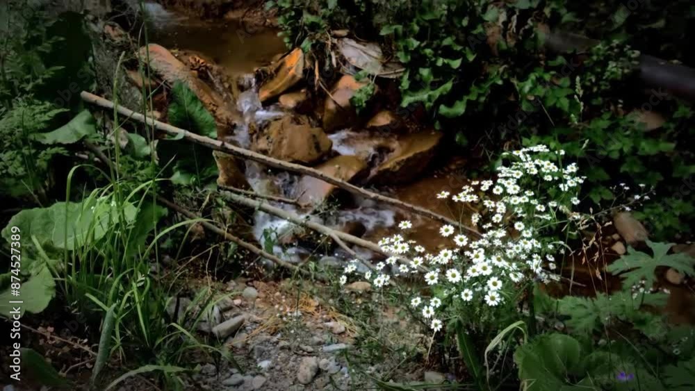 Wild daisies growing by the picturesque mountain stream, smooth panning Wild daisies growing by the picturesque mountain stream, smooth panning