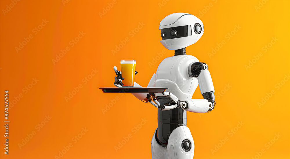 Fototapeta premium Robot waiter serving drinks on a tray, on a simple colored background.