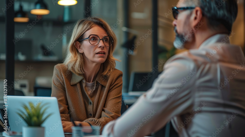 Woman and Man in Intense Business Discussion at Modern Office Woman and Man in Intense Business Discussion at Modern Office