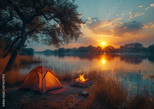 Serene Sunset Camping by the Lake with Campfire â€“ Peaceful Outdoor Adventure in Nature Illustration © Qstock