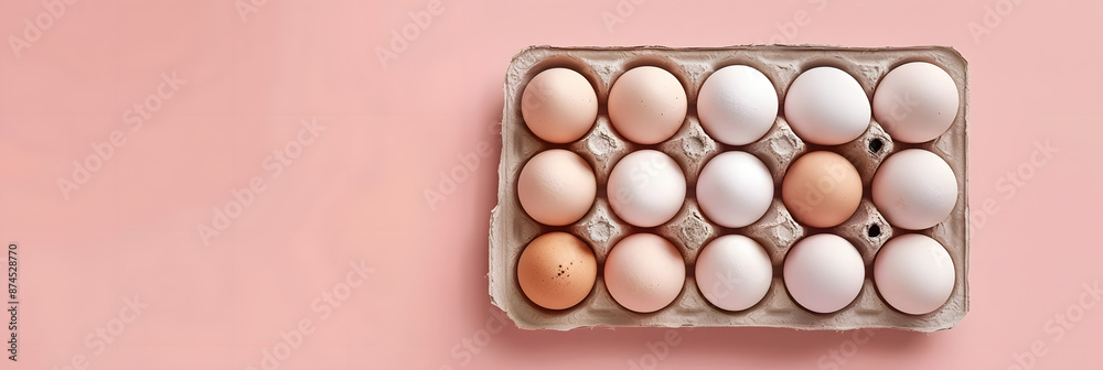 Organic eggs in a carton tray are showcased on a pastel pink background highlighting the zero waste concept The flat lay style creates a visually appealing copy space image Organic eggs in a carton tray are showcased on a pastel pink background highlighting the zero waste concept The flat lay style creates a visually appealing copy space image