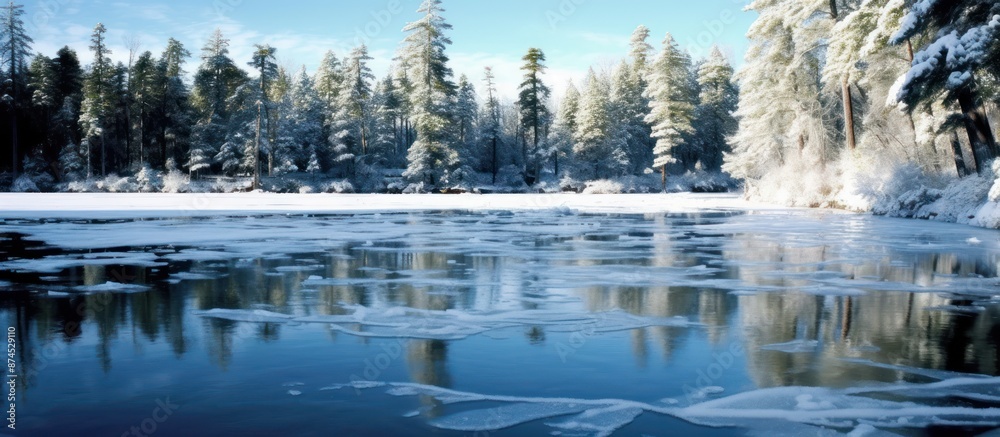 Fototapeta premium Frozen River with Snow-Covered Trees