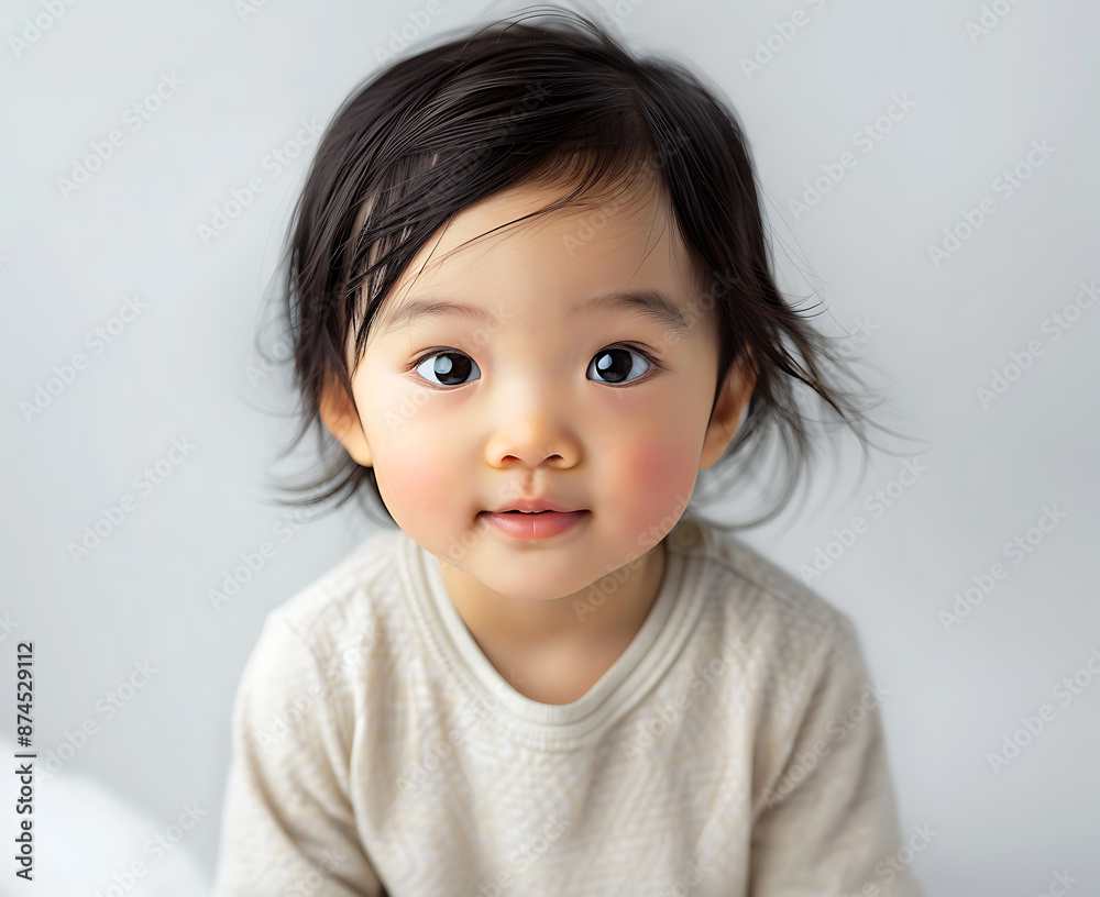 Cute baby Asian face black hair white background wearing longsleeved shirt upper body closeup shot soft light shadow style of high definition photography natural expression of child's facial feature Cute baby Asian face black hair white background wearing longsleeved shirt upper body closeup shot soft light shadow style of high definition photography natural expression of child's facial feature