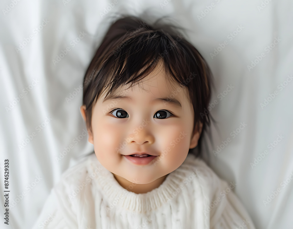 Cute baby smiling camera white background wearing light colored half body photo photo taken above clear detail of facial feature black hair big eye double eyelid small nose bridge round face shape Cute baby smiling camera white background wearing light colored half body photo photo taken above clear detail of facial feature black hair big eye double eyelid small nose bridge round face shape