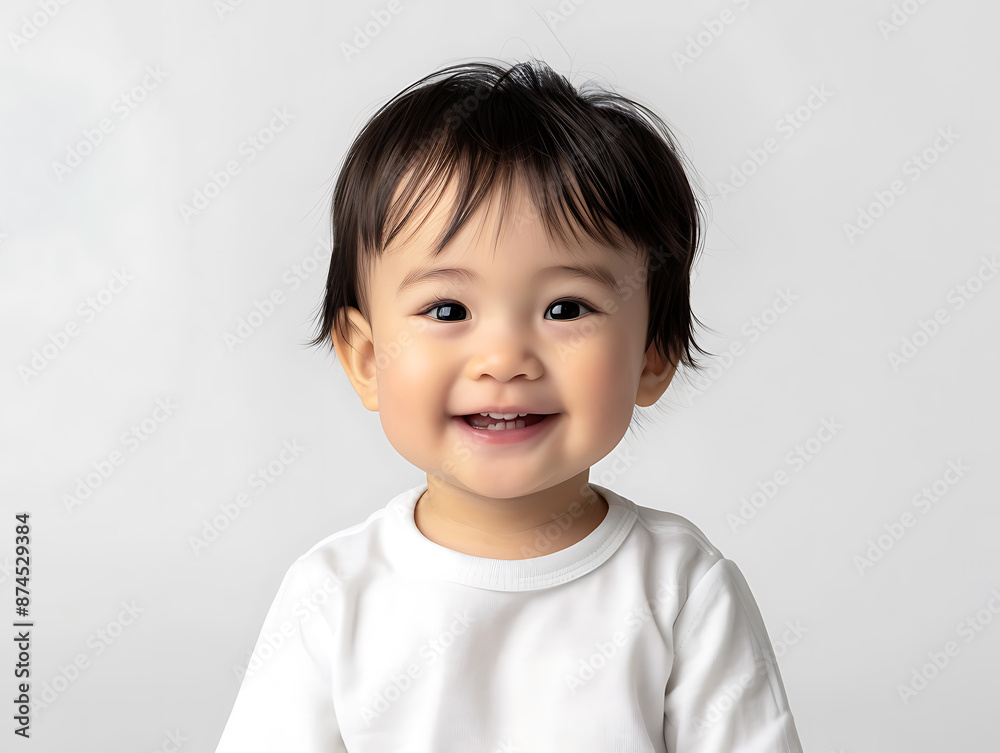 Cute baby wearing white pure white background halflength photo baby Asian face round head high nose bridge big eye long eyelash black hair baby happy expression wearing white shirt smooth texture Cute baby wearing white pure white background halflength photo baby Asian face round head high nose bridge big eye long eyelash black hair baby happy expression wearing white shirt smooth texture