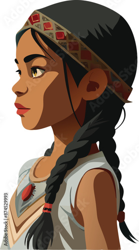 Young native american woman wearing traditional clothing gazing into the distance