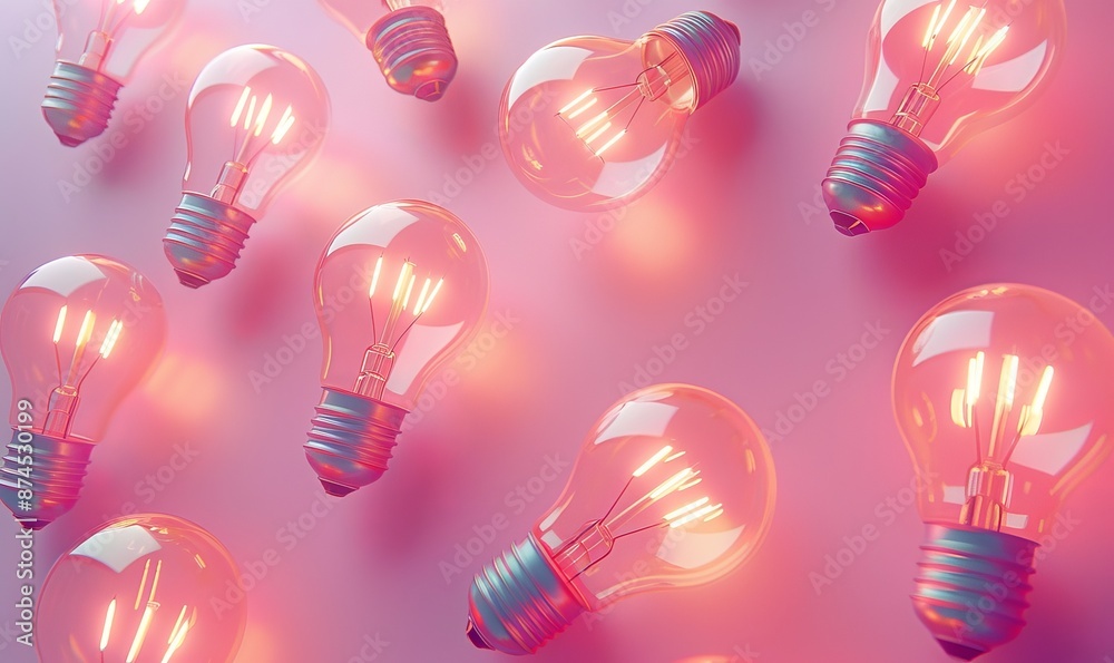 Many light bulbs on a pastel background. Concept 3d illustration