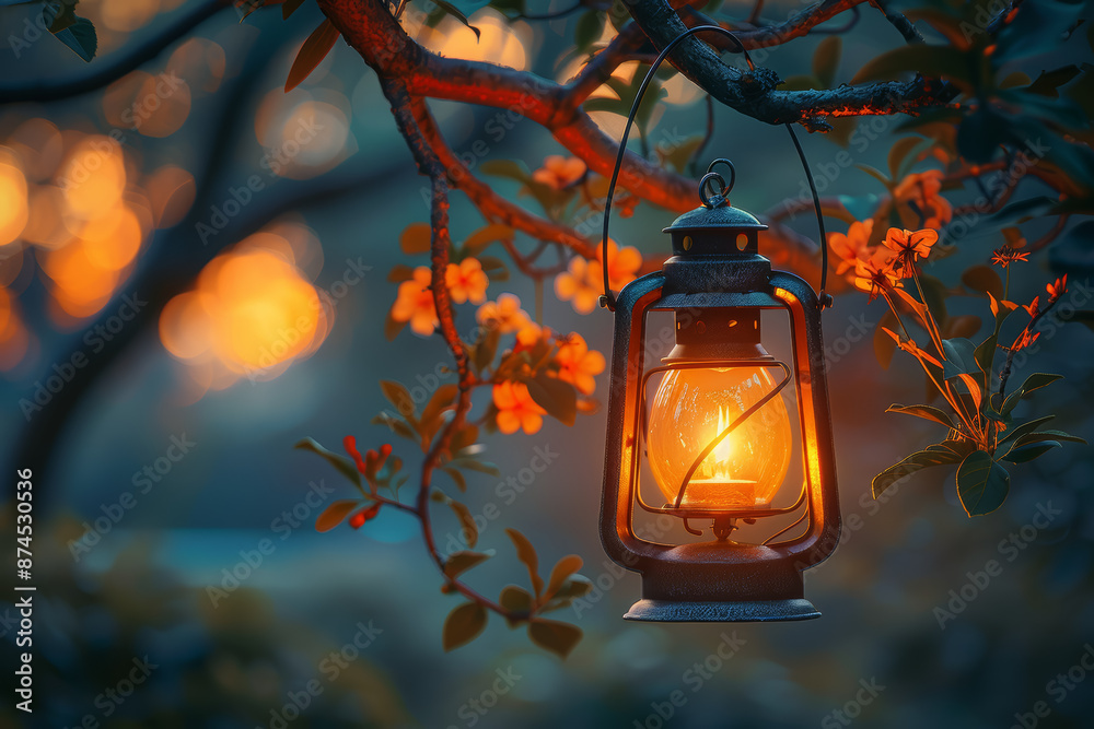 A glowing lantern hanging from a tree branch in twilight. Concept of illumination and outdoor ambiance. Generative Ai. A glowing lantern hanging from a tree branch in twilight. Concept of illumination and outdoor ambiance. Generative Ai.