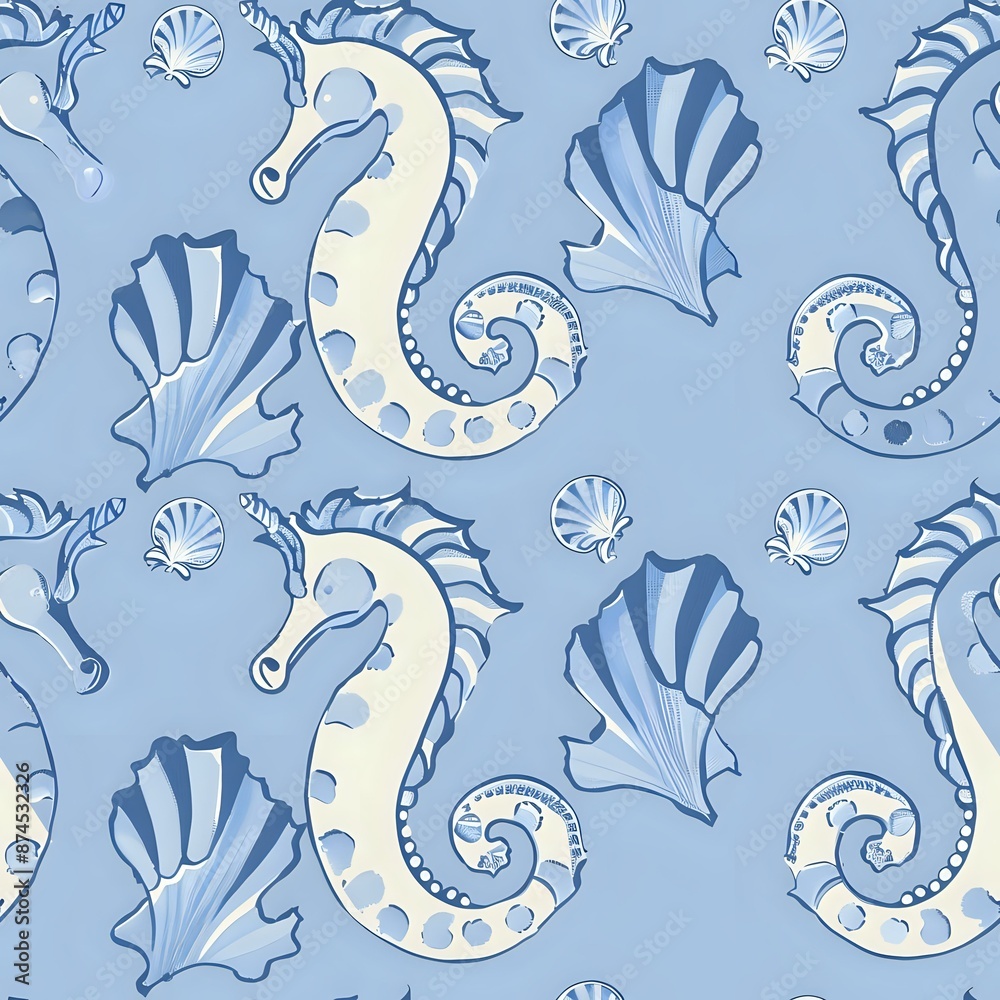 Fototapeta premium Lifelike Seahorse and Marine Life Elements Pattern