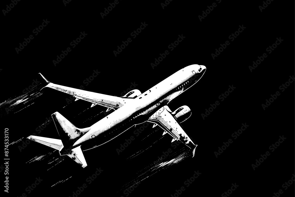 High Contrast Illustration of Commercial Airplane in Flight Against Black Background