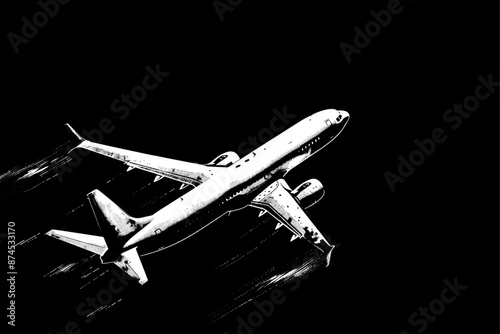 Obraz na płótnie High Contrast Illustration of Commercial Airplane in Flight Against Black Background
w salonie
