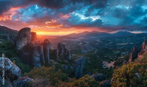 A panorama of sunset in the mountains. The bright sun illuminates the mountains at sunset