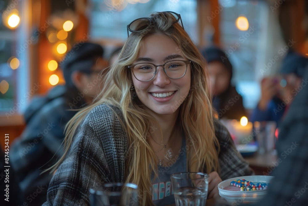 Young Woman Smiling at a Cafe Table With Friends Young Woman Smiling at a Cafe Table With Friends