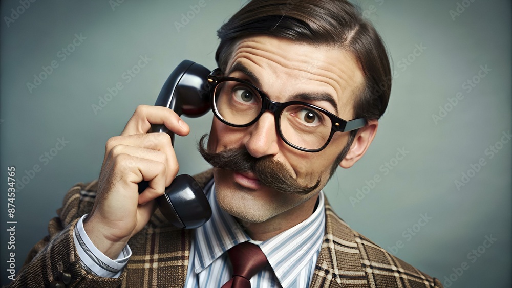 funny retro man with mustache and glasses on flip phone funny retro man with mustache and glasses on flip phone