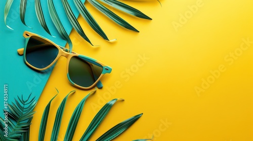 Sunglasses on vibrant yellow and teal background with tropical leaves photo