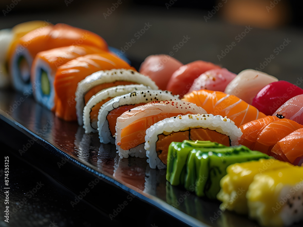 Colorful Sushi Presentation at a High-End Restaurant Counter Colorful Sushi Presentation at a High-End Restaurant Counter