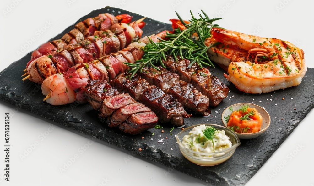 A plate of meat and shrimp with a side of sauce A plate of meat and shrimp with a side of sauce