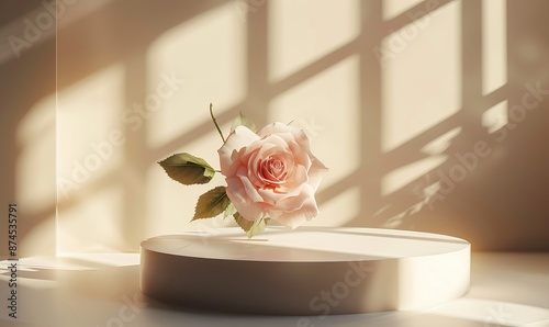 A round flat podium and rose, on an open and bright and white desktop, centred composition, the whole scene bathed in soft bright golden sunlight photo