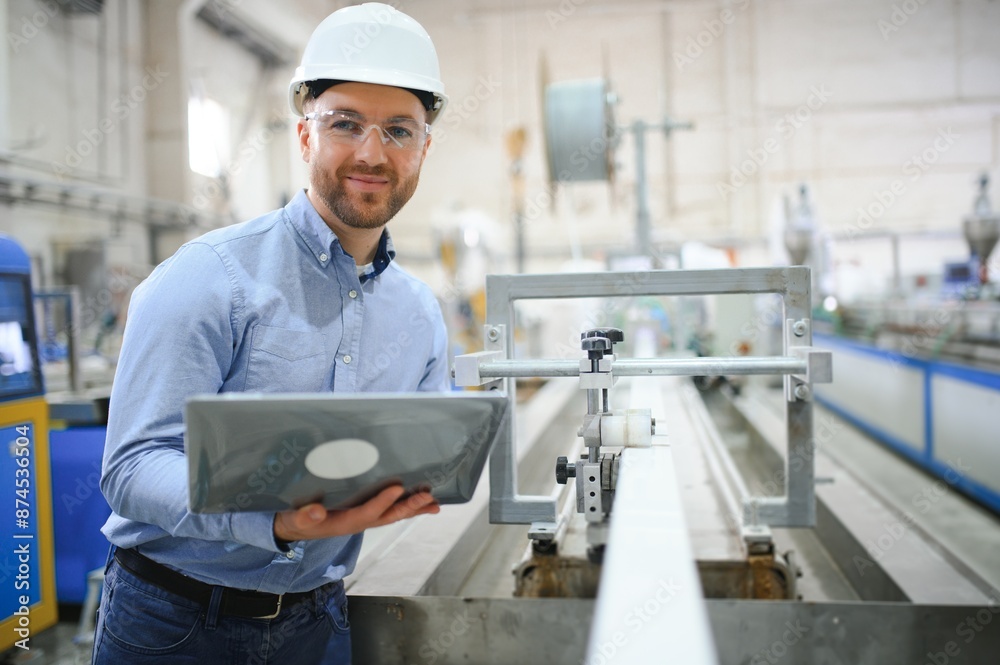Side view of technician or engineer with headset and laptop standing in industrial factory Side view of technician or engineer with headset and laptop standing in industrial factory