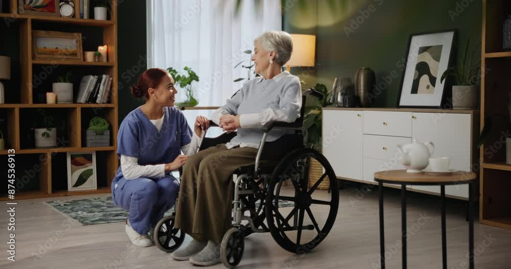 Physiotherapist, senior woman and wheelchair with talking, elderly care or wellness for health or support. Pensioner, person with a disability and assistance by nurse for visit in rehab clinic Physiotherapist, senior woman and wheelchair with talking, elderly care or wellness for health or support. Pensioner, person with a disability and assistance by nurse for visit in rehab clinic