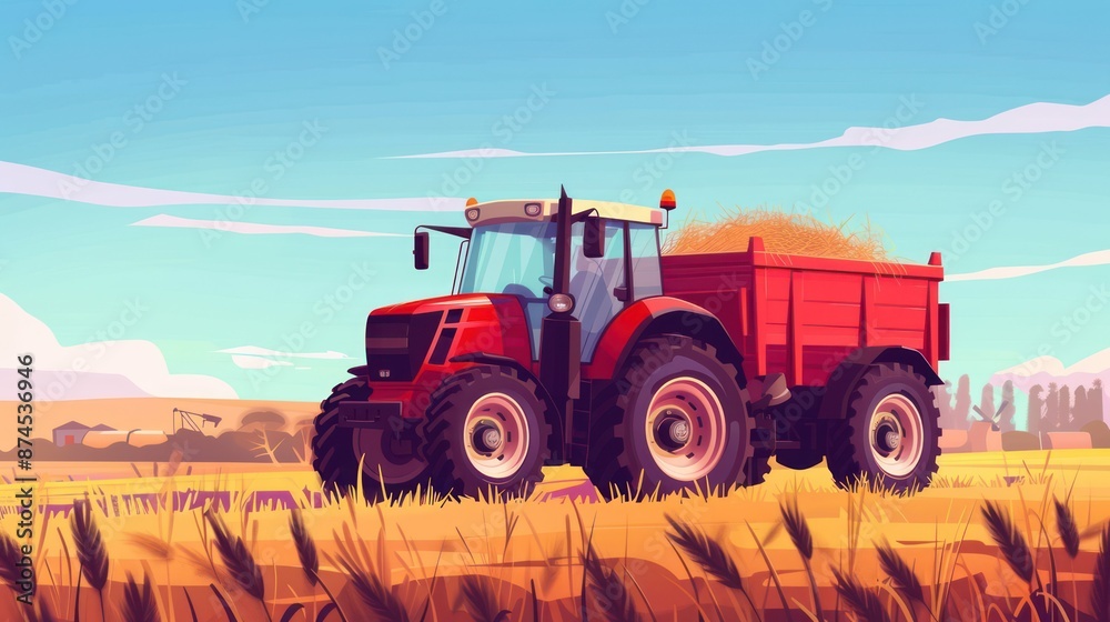 Red tractor in a golden wheat field under a clear blue sky. Red tractor in a golden wheat field under a clear blue sky.