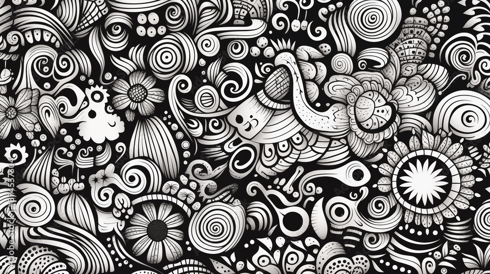 Black and White Doodle Art with Fun and Quirky Patterns, Abstract Design Black and White Doodle Art with Fun and Quirky Patterns, Abstract Design