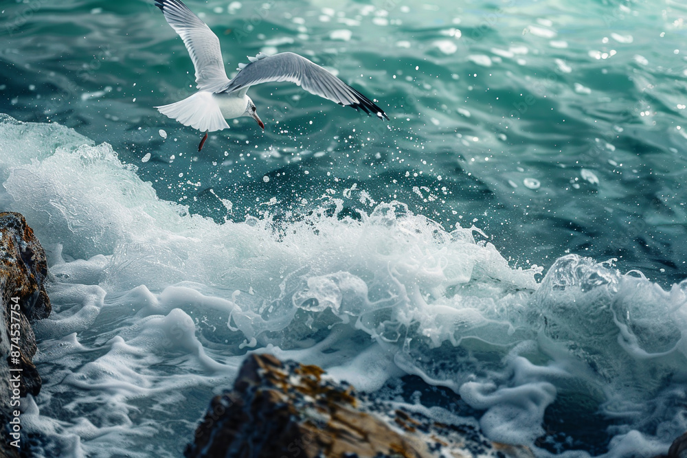 Obraz premium A seagull is flying over the ocean