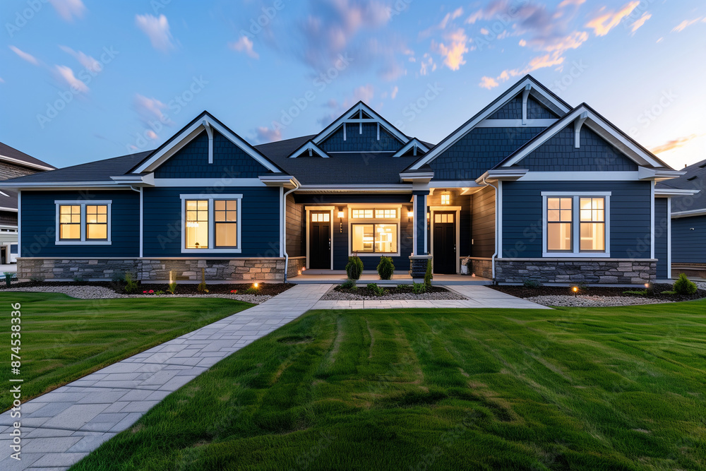 Modern Craftsman Style Home with Elegant Landscaping and Evening Lights
Modern Craftsman Style Home with Elegant Landscaping and Evening Lights
