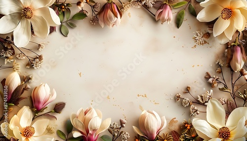 Distressed botanical frame with magnolias and wildflowers, nostalgic and charming © faxi art