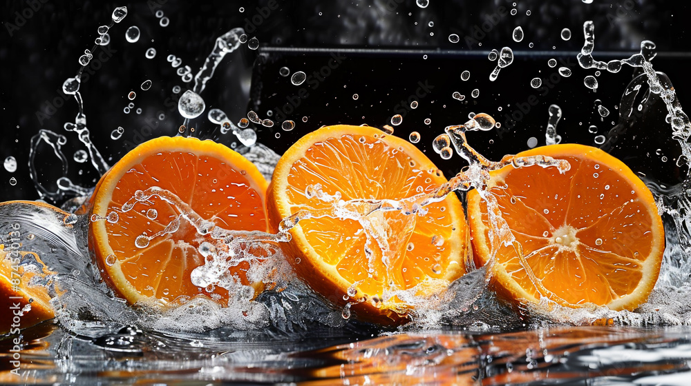 A splash of water is falling on a table with three oranges A splash of water is falling on a table with three oranges