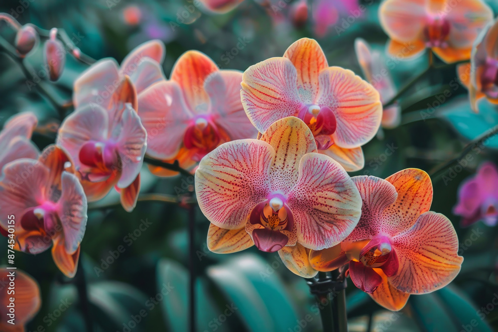 A bunch of orange and pink flowers with a green background A bunch of orange and pink flowers with a green background