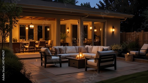 Elegant backyard patio. A view of an elegant and well furnished backyard patio by candlelight at dusk.
