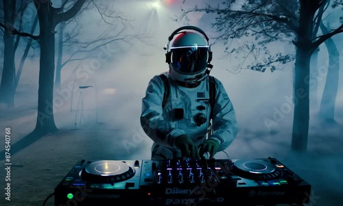 An astronaut in a full spacesuit with neon neckless stands in a foggy, eerie forest. The atmosphere is thick with suspense, as twisted trees loom and shadows dance. Amidst this horror setting,  photo