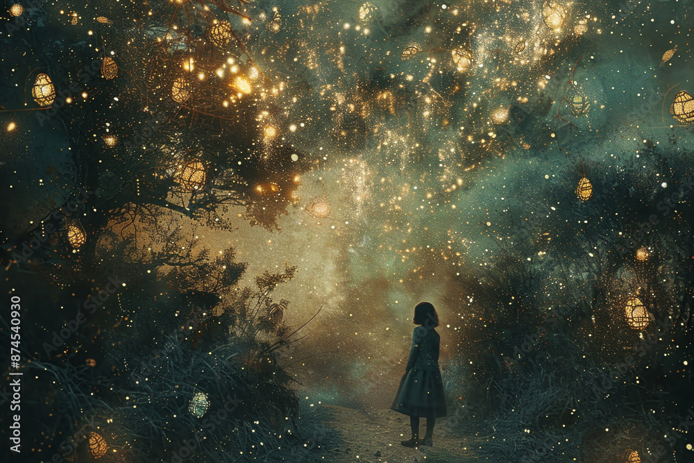 A girl is standing in a forest with a glowing sky above her A girl is standing in a forest with a glowing sky above her
