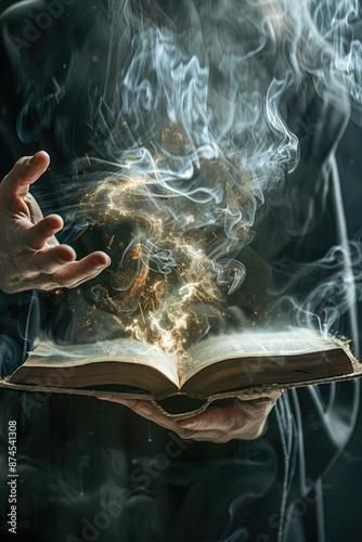 A hand hovers over an old, open book emitting swirling, magical light and smoke, creating an intense, mystical atmosphere.