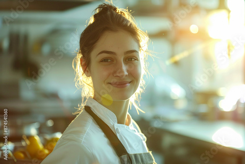 A woman with a smile on her face is standing in a kitchen