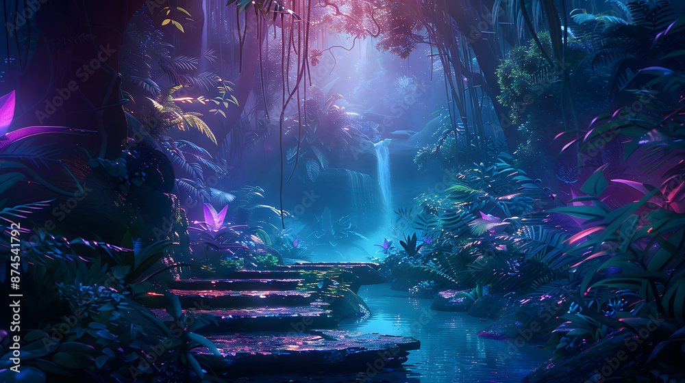 Fototapeta premium Magic forest with blue and purple neon colors and glowing. Mysterious pathway in the jungle.