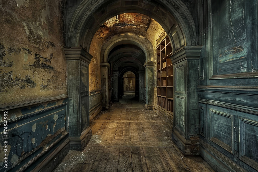 Fototapeta premium A long, narrow hallway with a lot of dust and debris