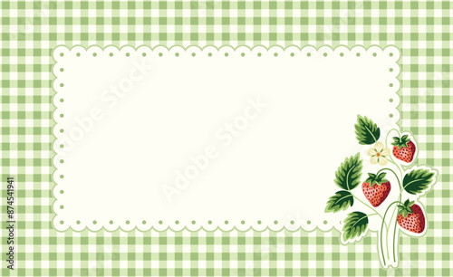 Cottage Core Garden Strawberry and Gingham Rectangular Vector Frame. Vintage Invitation Design With Nostalgic Retro Design. Fresh Summer Fruit Background