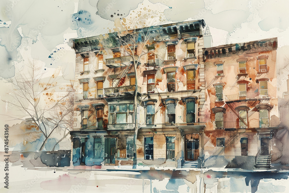 Fototapeta premium A painting of a row of brown buildings with a tree in the foreground