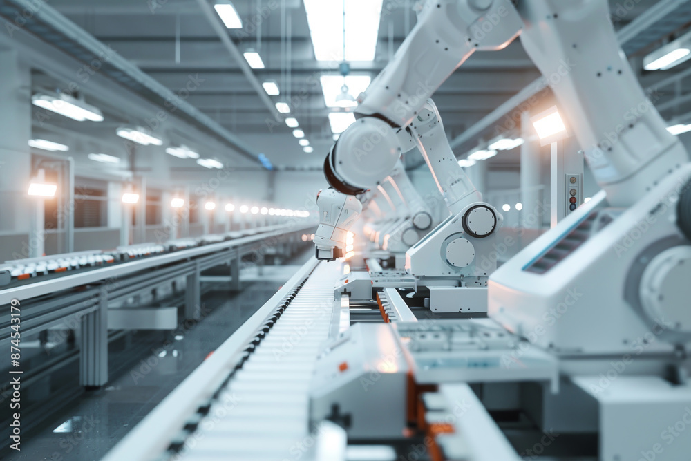 A factory with robots on a conveyor belt A factory with robots on a conveyor belt